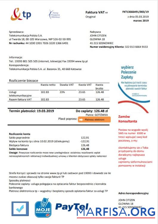 Downloadable Poland TP utility bill template in Word and PDF format
